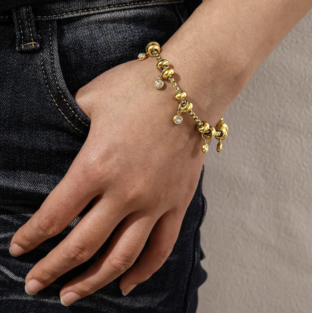 Round Rhinestone 201 Stainless Steel Box Chain Bracelet