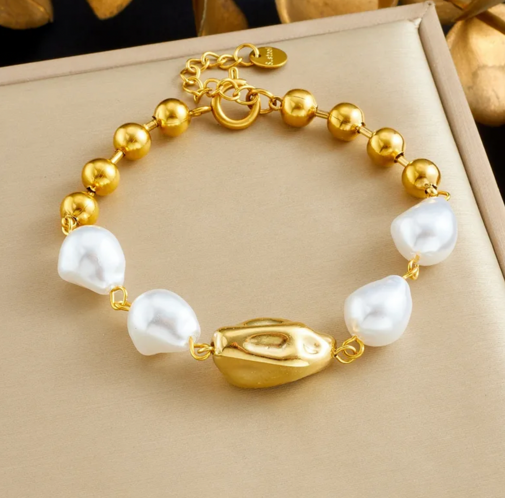 Baroque Pearl Beaded Stainless Steel Bracelet for Women