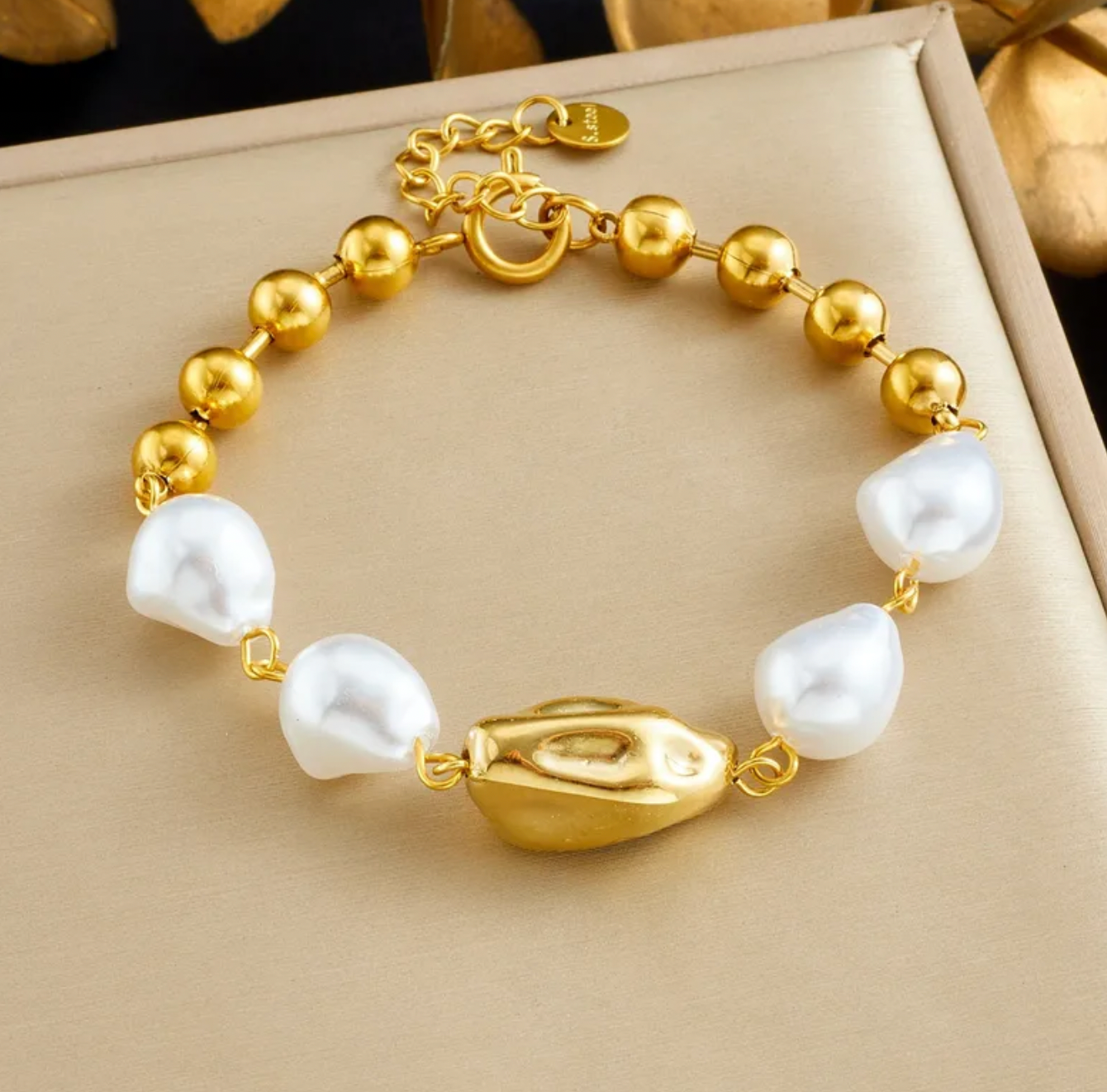 Baroque Pearl Beaded Stainless Steel Bracelet for Women