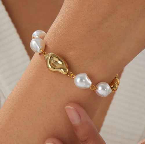 Baroque Pearl Beaded Stainless Steel Bracelet for Women